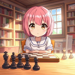 A detailed illustration of a young girl resembling Anya Forger from the anime 'Spy x Family', sitting at a chessboard with a determined expression