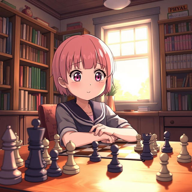 A detailed illustration of a young girl resembling Anya Forger from the anime 'Spy x Family', sitting at a chessboard with a determined expression