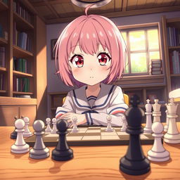 A detailed illustration of a young girl resembling Anya Forger from the anime 'Spy x Family', sitting at a chessboard with a determined expression