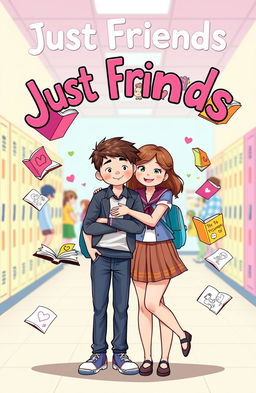 A playful and colorful book cover for a title "Just Friends" featuring a shy teenage boy and a girl in school uniforms