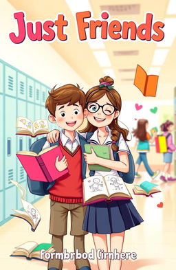 A playful and colorful book cover for a title "Just Friends" featuring a shy teenage boy and a girl in school uniforms