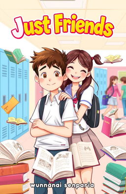 A playful and colorful book cover for a title "Just Friends" featuring a shy teenage boy and a girl in school uniforms