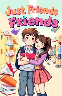 A playful and colorful book cover for a title "Just Friends" featuring a shy teenage boy and a girl in school uniforms