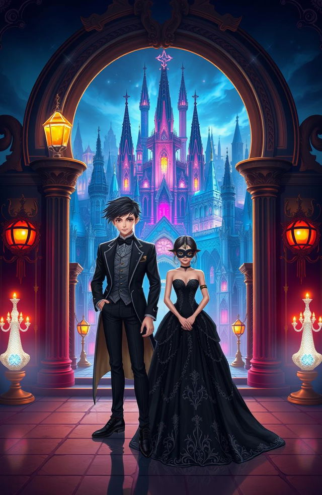 A young male character dressed in stylish aristocratic attire stands beside a young female character wearing a stunning black gown and a matching black mask