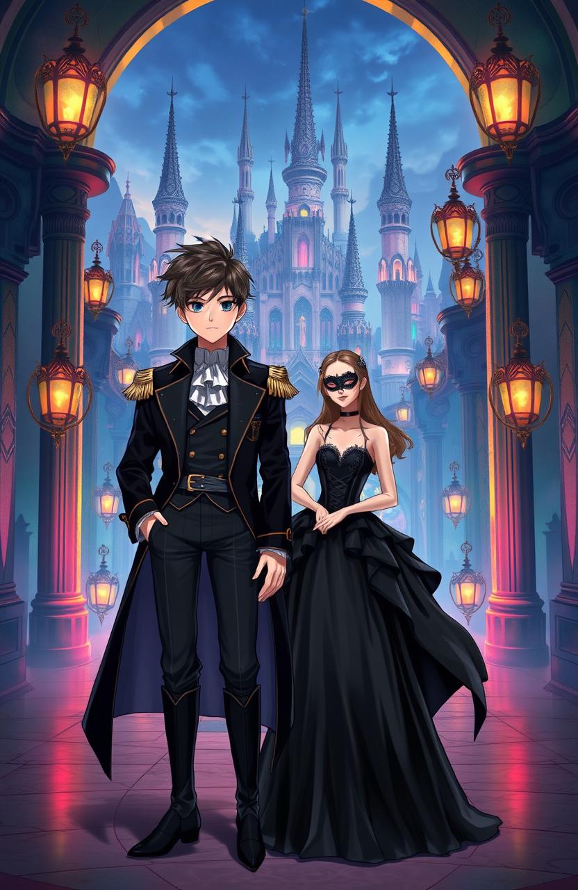 A young male character dressed in stylish aristocratic attire stands beside a young female character wearing a stunning black gown and a matching black mask