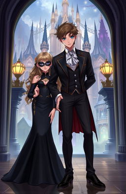 A young male character dressed in stylish aristocratic attire stands beside a young female character wearing a stunning black gown and a matching black mask