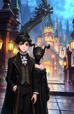 A young male character dressed in stylish aristocratic attire stands beside a young female character wearing a stunning black gown and a matching black mask