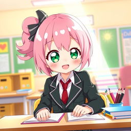 Anya Forger, a cute anime girl with pink hair and large, expressive green eyes, wearing her signature school outfit - a stylish dark green blazer with a white shirt, a red tie, and a plaid skirt