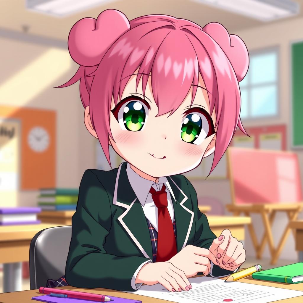 Anya Forger, a cute anime girl with pink hair and large, expressive green eyes, wearing her signature school outfit - a stylish dark green blazer with a white shirt, a red tie, and a plaid skirt