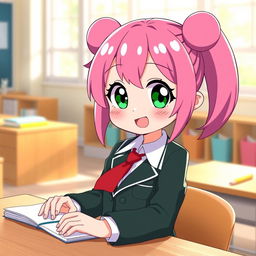 Anya Forger, a cute anime girl with pink hair and large, expressive green eyes, wearing her signature school outfit - a stylish dark green blazer with a white shirt, a red tie, and a plaid skirt