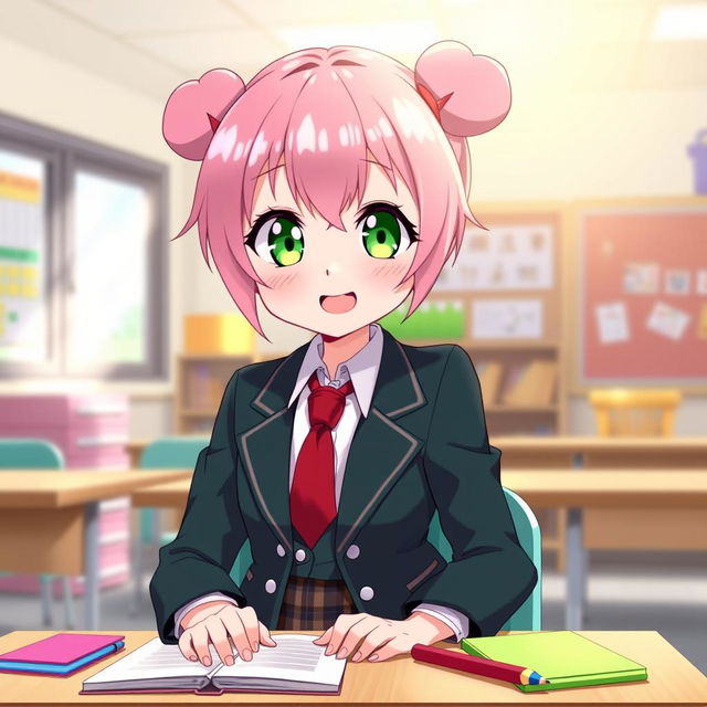 Anya Forger, a cute anime girl with pink hair and large, expressive green eyes, wearing her signature school outfit - a stylish dark green blazer with a white shirt, a red tie, and a plaid skirt