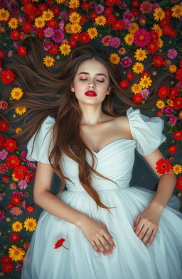 A faceless girl with flowing brown hair, elegantly dressed in a beautiful white gown, lying peacefully in a vibrant pool of various flowers in full bloom