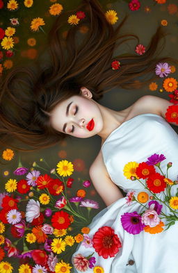 A faceless girl with flowing brown hair, elegantly dressed in a beautiful white gown, lying peacefully in a vibrant pool of various flowers in full bloom