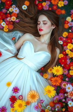 A faceless girl with flowing brown hair, elegantly dressed in a beautiful white gown, lying peacefully in a vibrant pool of various flowers in full bloom