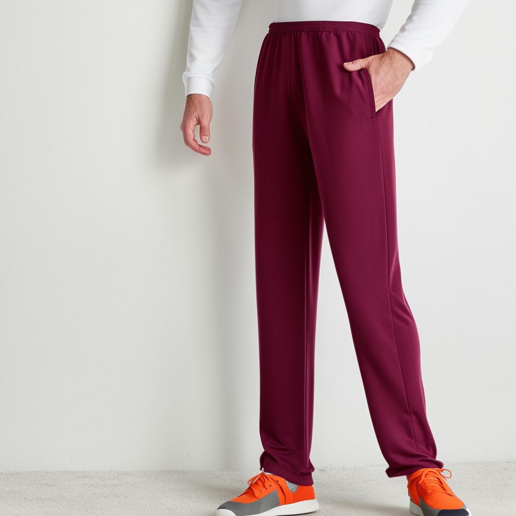 Casual, long sports attire for an adult male, featuring comfort-fit sports trousers, a lightweight long-sleeved top, and a pair of casual sports shoes.