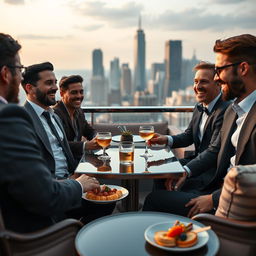 A poignant scene featuring a shy Afro-American man sitting at an elegant outdoor table surrounded by affluent Caucasian male friends