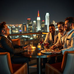 A poignant scene featuring a shy Afro-American man sitting at an elegant outdoor table surrounded by affluent Caucasian male friends