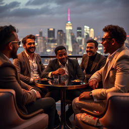 A poignant scene featuring a shy Afro-American man sitting at an elegant outdoor table surrounded by affluent Caucasian male friends
