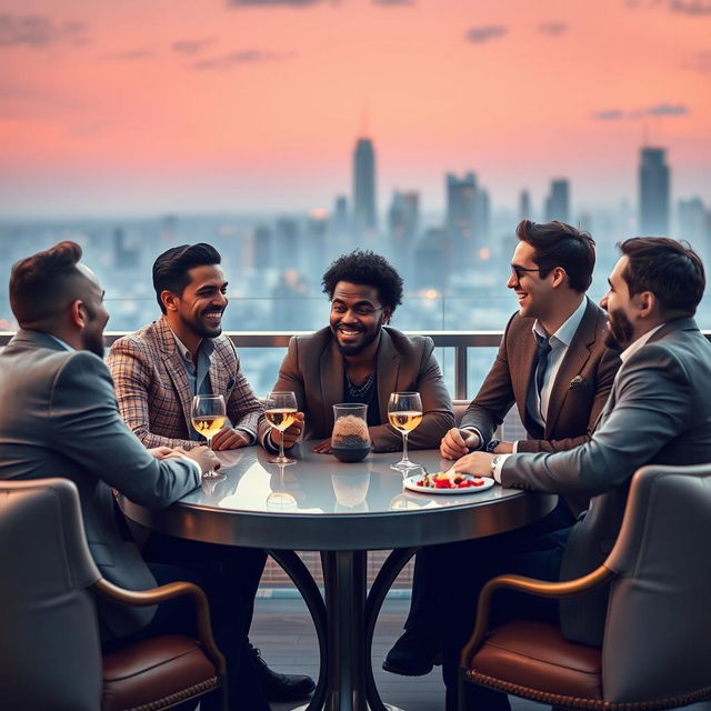 A poignant scene featuring a shy Afro-American man sitting at an elegant outdoor table surrounded by affluent Caucasian male friends