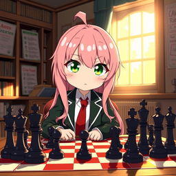 Anya Forger, a cute anime girl with pink hair and large expressive green eyes, sitting at a chessboard with an intense yet playful look on her face