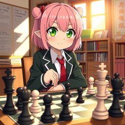 Anya Forger, a cute anime girl with pink hair and large expressive green eyes, sitting at a chessboard with an intense yet playful look on her face