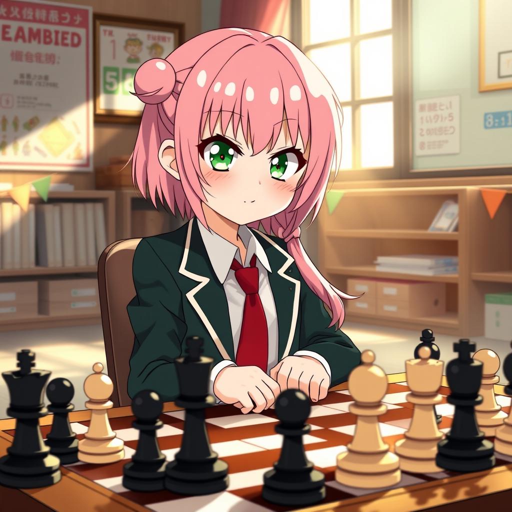 Anya Forger, a cute anime girl with pink hair and large expressive green eyes, sitting at a chessboard with an intense yet playful look on her face