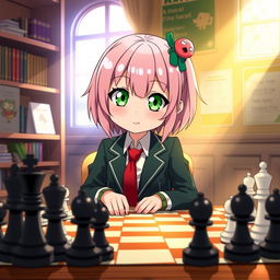 Anya Forger, a cute anime girl with pink hair and large expressive green eyes, sitting at a chessboard with an intense yet playful look on her face