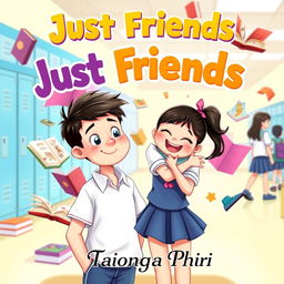 A playful and colorful book cover for a title "Just Friends" featuring a shy teenage boy and a girl in school uniforms
