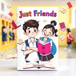 A playful and colorful book cover for a title "Just Friends" featuring a shy teenage boy and a girl in school uniforms