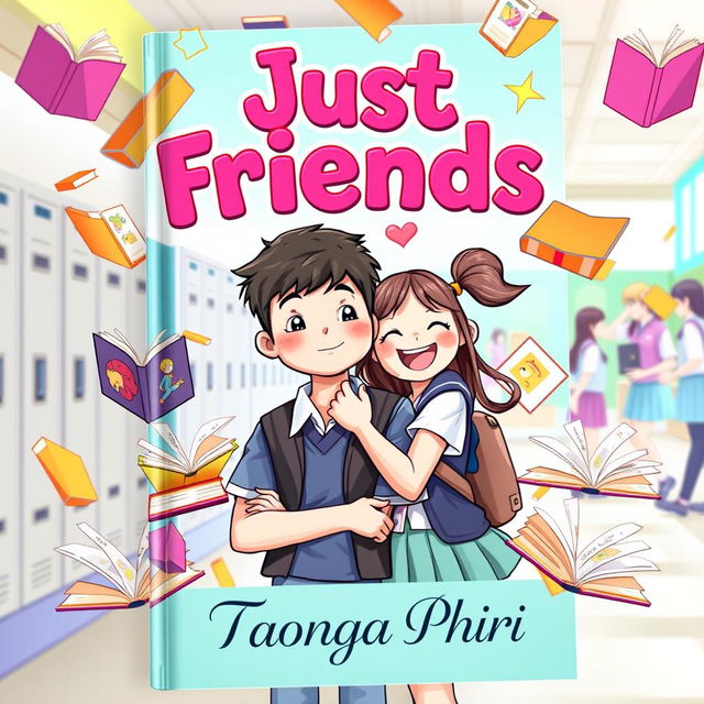 A playful and colorful book cover for a title "Just Friends" featuring a shy teenage boy and a girl in school uniforms