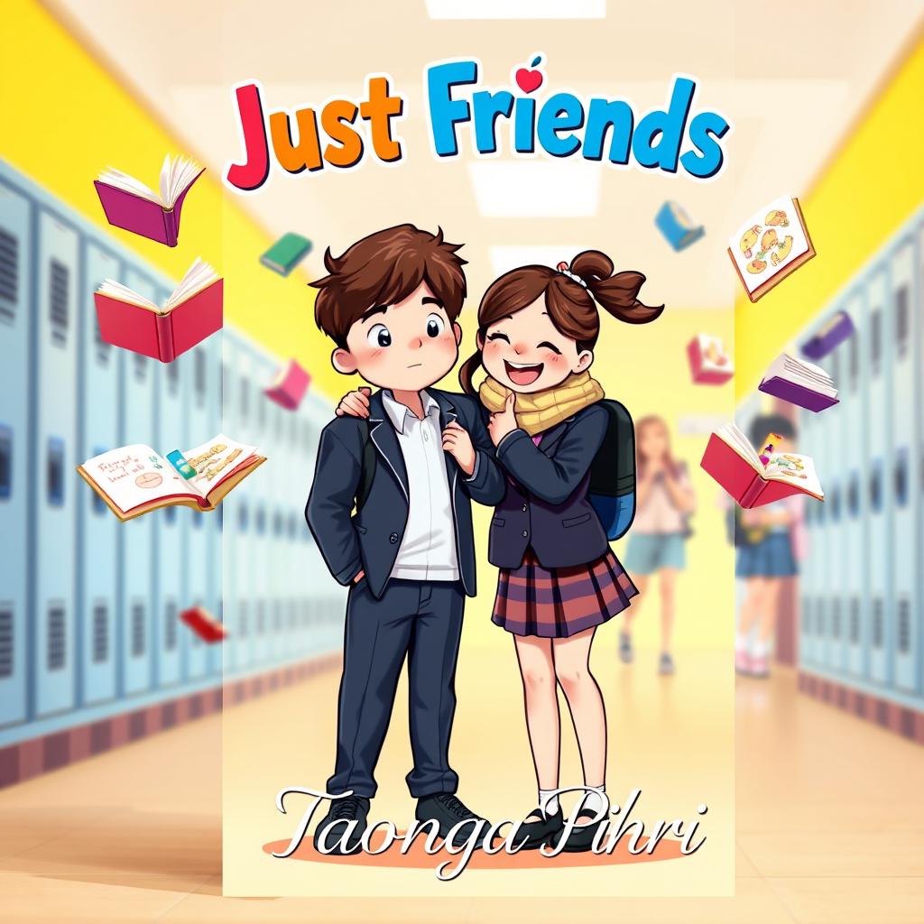 A playful and colorful book cover for a title "Just Friends" featuring a shy teenage boy and a girl in school uniforms