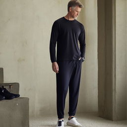 Casual, long sports attire for an adult male, featuring comfort-fit sports trousers, a lightweight long-sleeved top, and a pair of casual sports shoes.