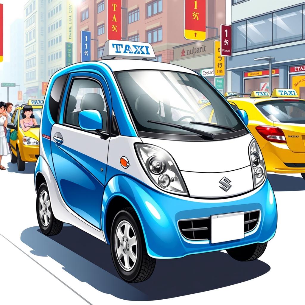 A vibrant illustration of a Suzuki S-Presso GL 5P 998cc in an attractive blue and white taxi color scheme