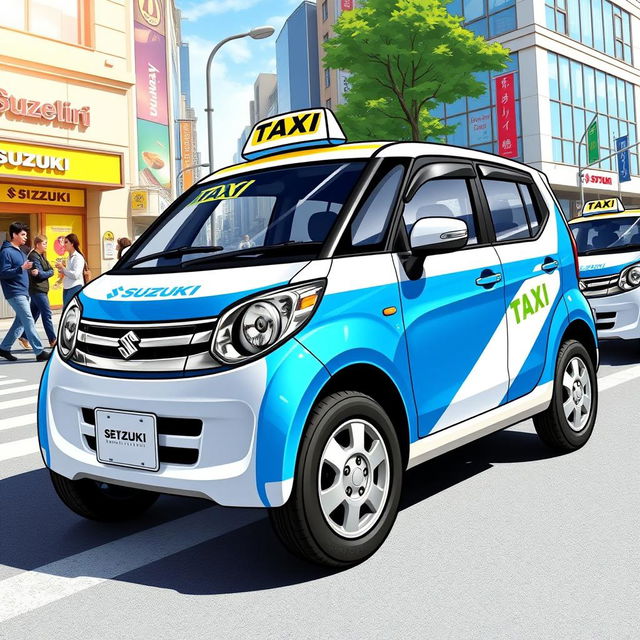 A vibrant illustration of a Suzuki S-Presso GL 5P 998cc in an attractive blue and white taxi color scheme