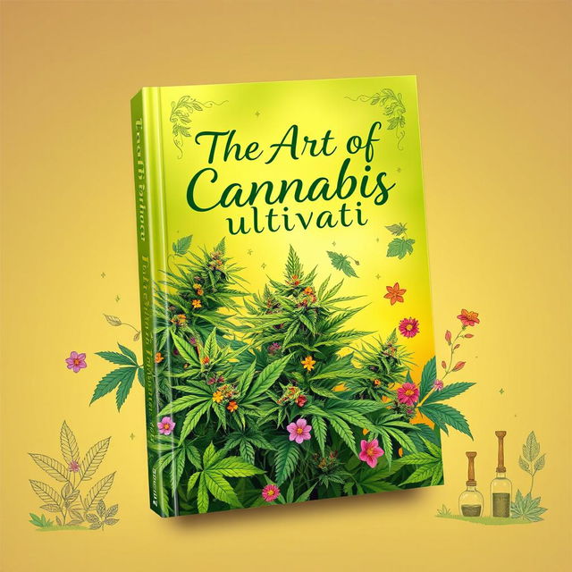 A vibrant and artistic book cover for 'The Art of Cannabis Cultivation', featuring lush green cannabis plants with intricate leaf patterns, intertwined with colorful floral accents