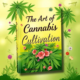 A vibrant and artistic book cover for 'The Art of Cannabis Cultivation', featuring lush green cannabis plants with intricate leaf patterns, intertwined with colorful floral accents