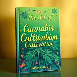 A vibrant and artistic book cover for 'The Art of Cannabis Cultivation', featuring lush green cannabis plants with intricate leaf patterns, intertwined with colorful floral accents