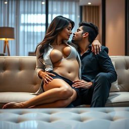 An enticing meeting room scene featuring a sensual woman resembling Kriti Sanon, dressed in an open shirt displaying her cleavage, paired with a stylish short skirt