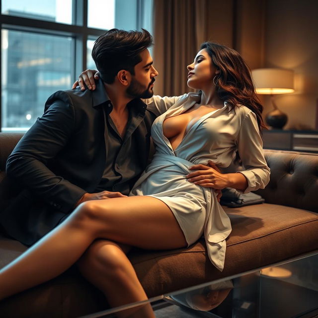 An enticing meeting room scene featuring a sensual woman resembling Kriti Sanon, dressed in an open shirt displaying her cleavage, paired with a stylish short skirt