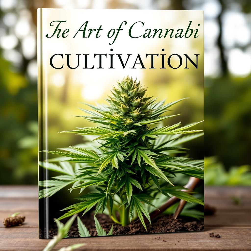 A captivating book cover for 'The Art of Cannabis Cultivation', featuring a lush, green cannabis plant with vibrant leaves and dense buds, set against a serene, natural background