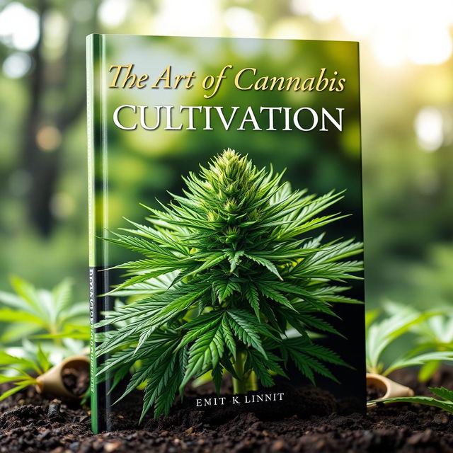 A captivating book cover for 'The Art of Cannabis Cultivation', featuring a lush, green cannabis plant with vibrant leaves and dense buds, set against a serene, natural background