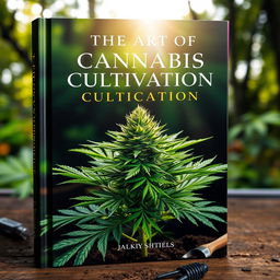 A captivating book cover for 'The Art of Cannabis Cultivation', featuring a lush, green cannabis plant with vibrant leaves and dense buds, set against a serene, natural background