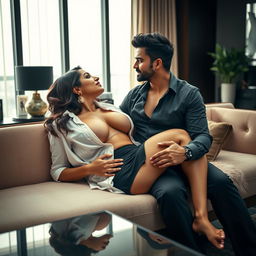 An alluring meeting room scene featuring a sensual woman resembling Nushrat Bharucha, dressed in an open shirt that reveals her cleavage, paired with a stylish short skirt
