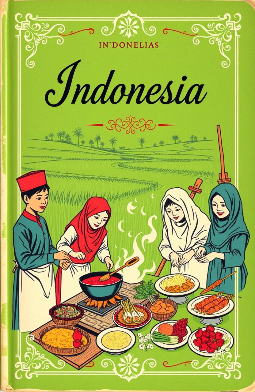 A vintage book cover design featuring a lively scene of Indonesian people cooking traditional dishes