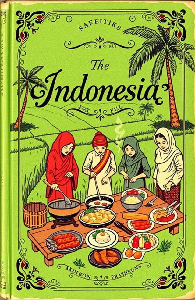 A vintage book cover design featuring a lively scene of Indonesian people cooking traditional dishes