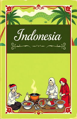 A vintage book cover design featuring a lively scene of Indonesian people cooking traditional dishes