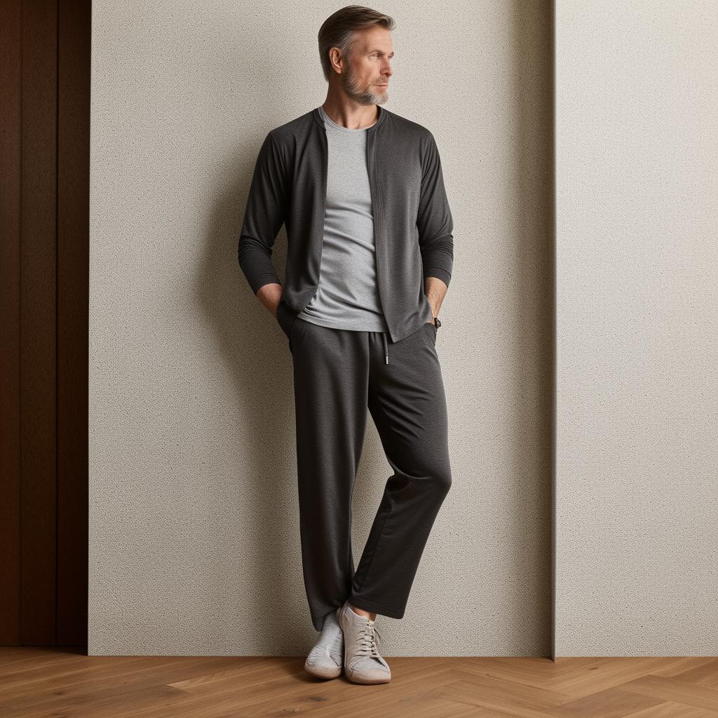 Casual, long sports attire for an adult male, featuring comfort-fit sports trousers, a lightweight long-sleeved top, and a pair of casual sports shoes.