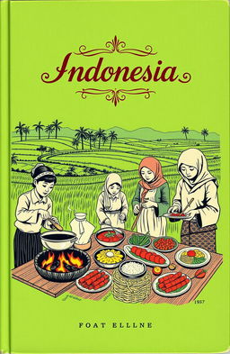 A vintage book cover design featuring a lively scene of Indonesian people cooking traditional dishes
