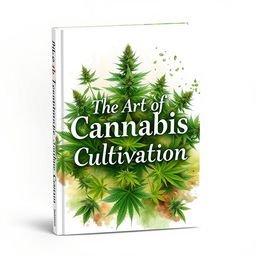 A captivating book cover design for 'The Art of Cannabis Cultivation', featuring lush green cannabis plants in various stages of growth, beautifully arranged against a soft, natural background