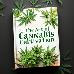 A captivating book cover design for 'The Art of Cannabis Cultivation', featuring lush green cannabis plants in various stages of growth, beautifully arranged against a soft, natural background
